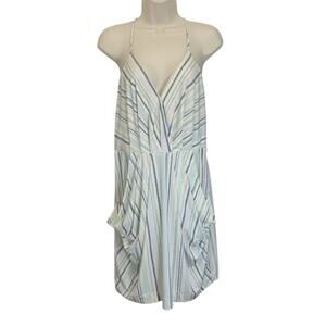 BCBGeneration Striped Sundress L Ivory Blue Green V Neck Pocket Dress